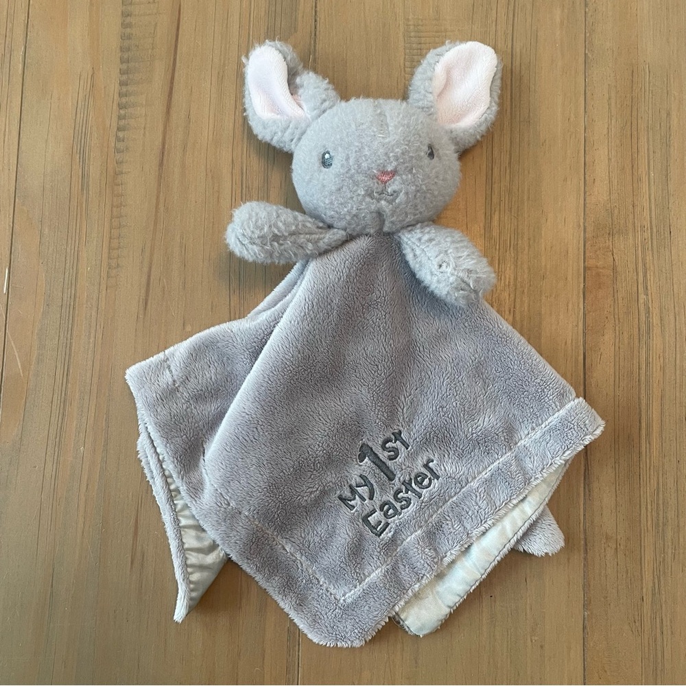 First Easter Gray Bunny Lovey Security Blanket Rattle Rabbit